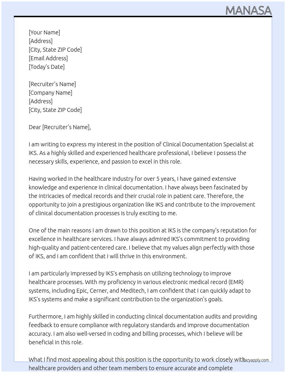 Clinical Documentation Specialist At IKS Cover Letter