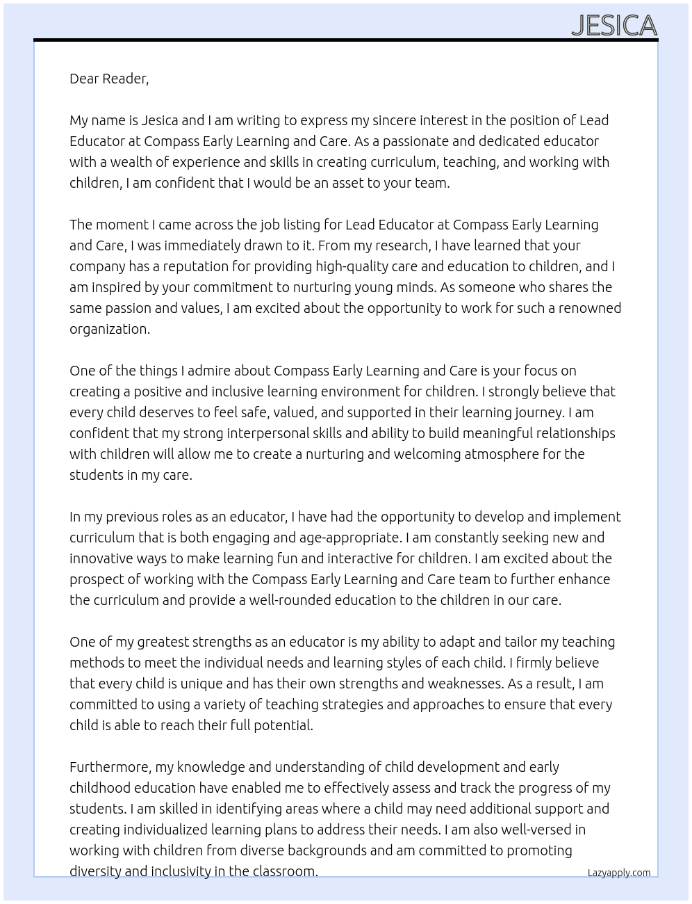 Lead Educator  At Compass Early Learning and Care Cover Letter