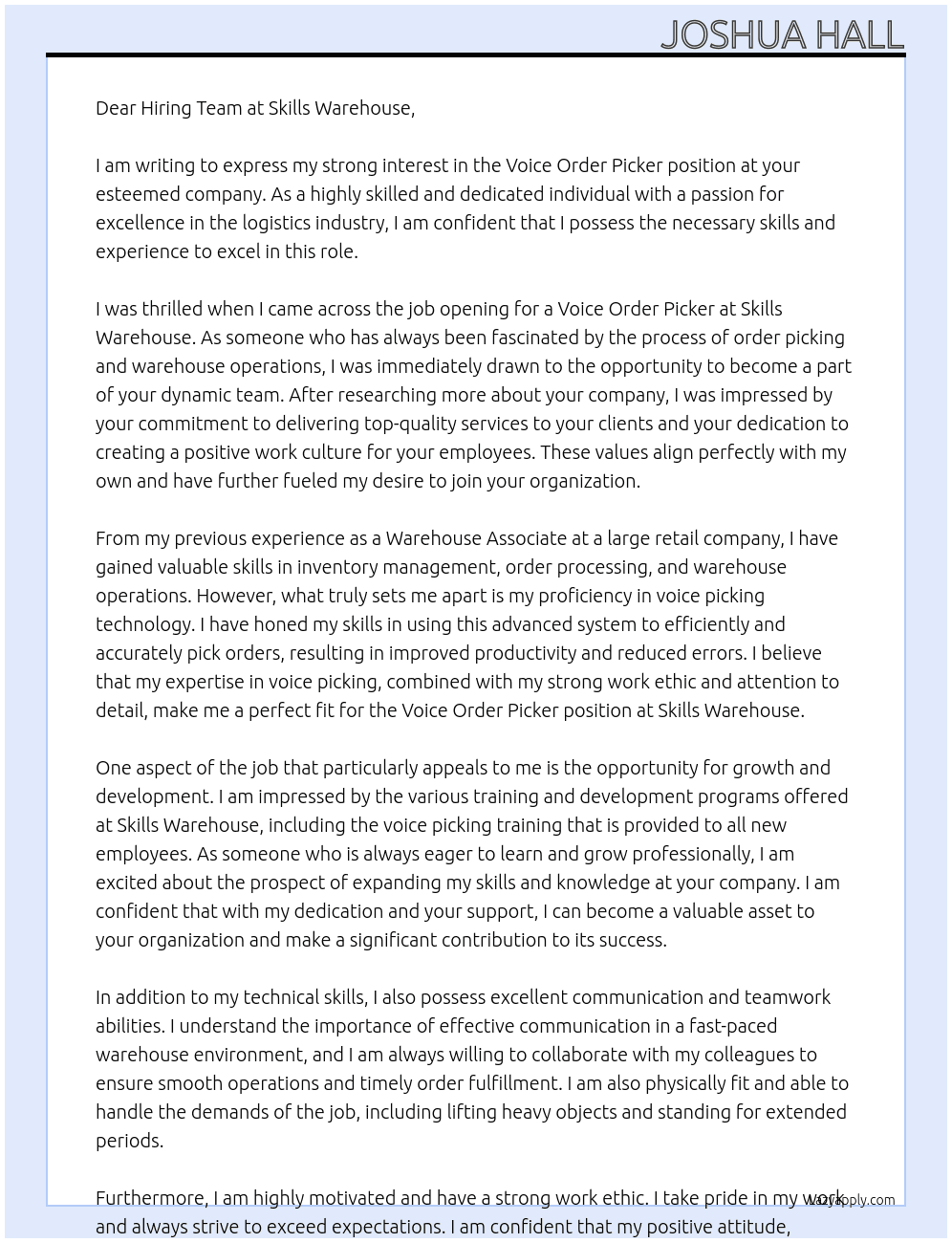 Voice Order Picker At skills warehouse Cover Letter