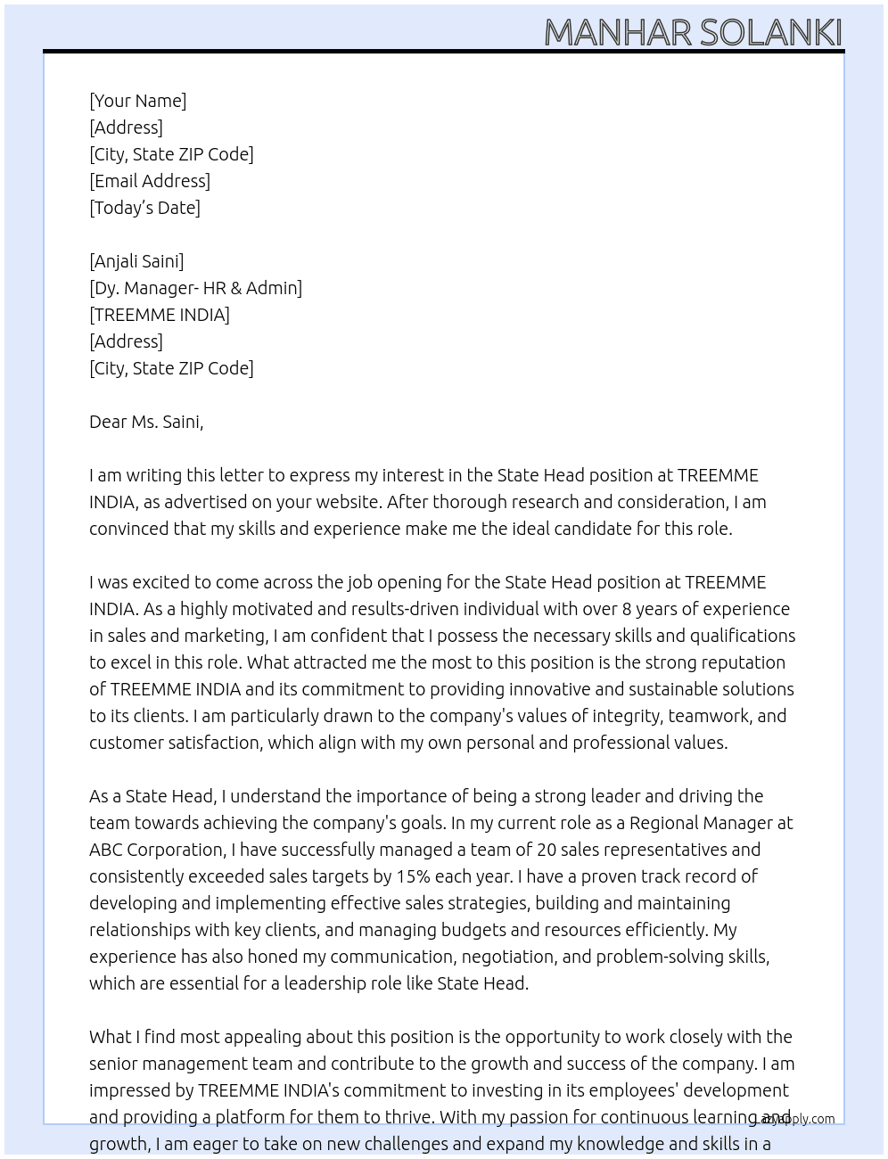 State Head At TREEMME INDIA Cover Letter