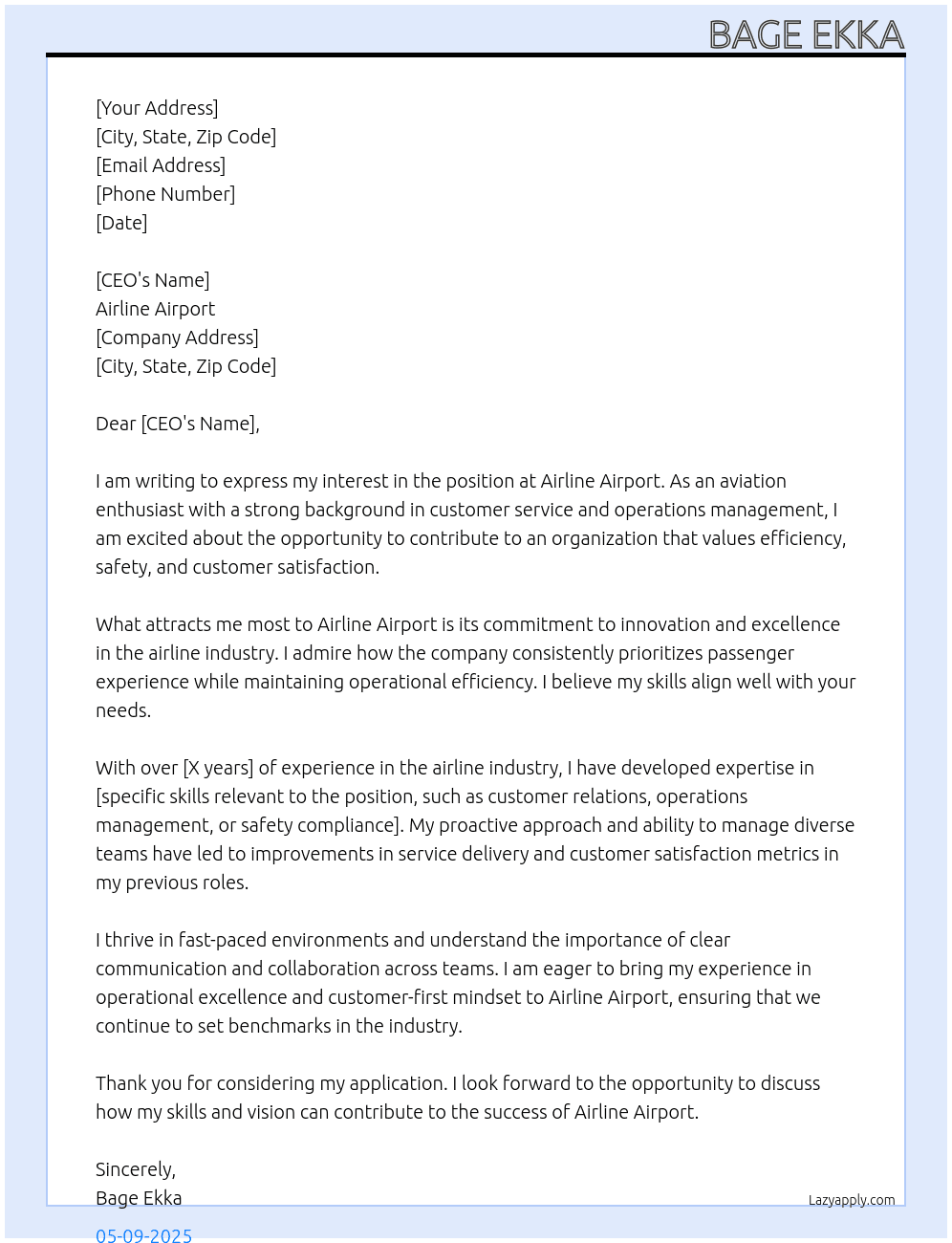 AIRLINE  At AIRLINE AIRPORT  Cover Letter