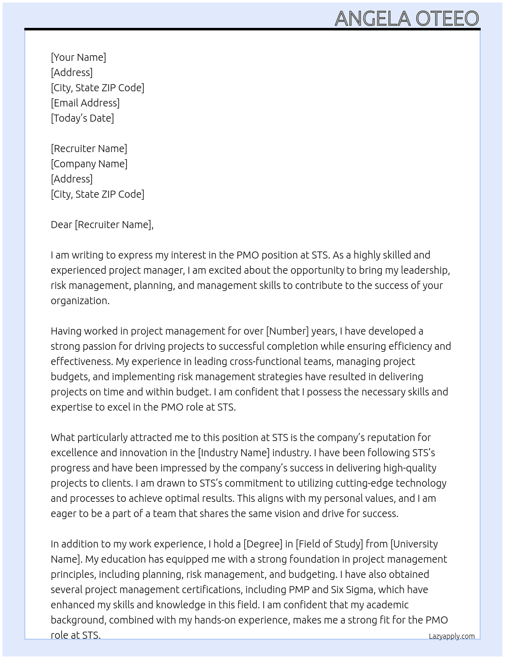 PMO At STS Cover Letter