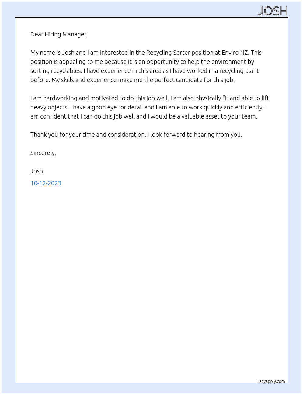 Recycling Sorter - Hamilton At Enviro NZ Cover Letter