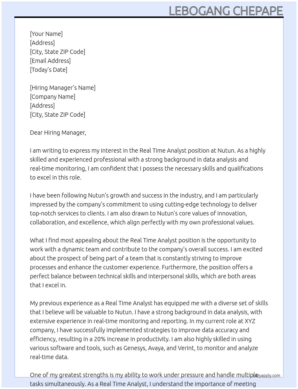 Real Time Analyst At Nutun Cover Letter