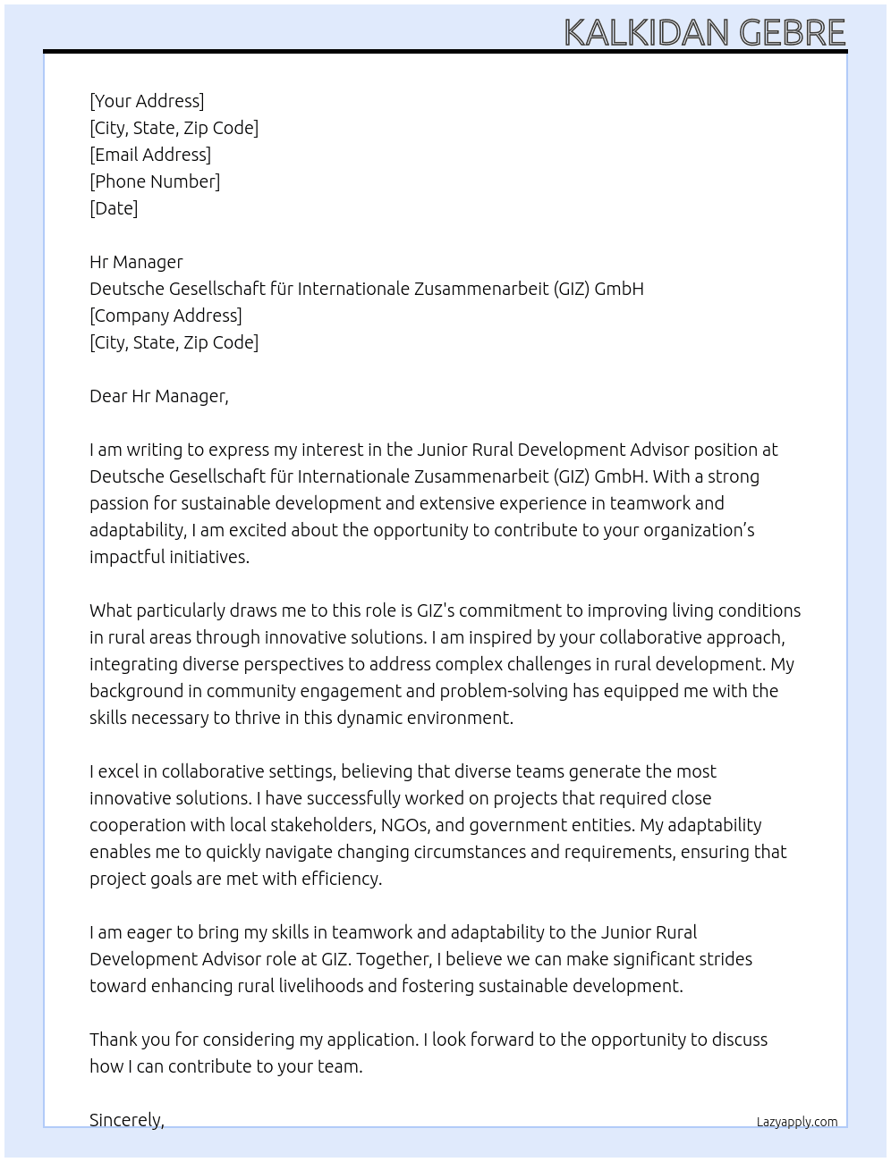 Cover letter for junior rural development advisor - LazyApply
