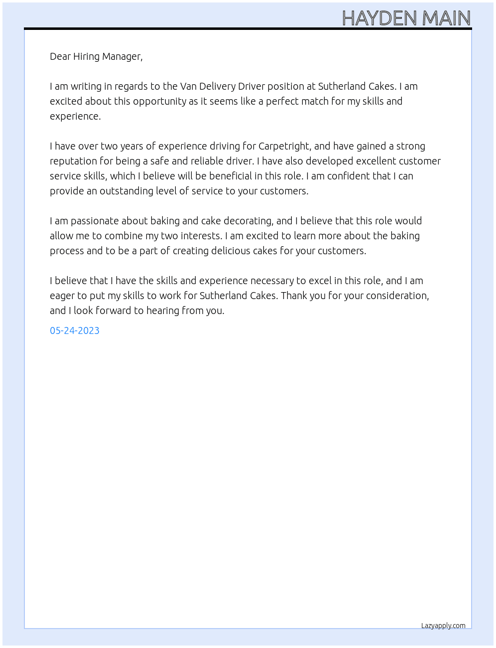 Van Delivery Driver At Sutherland Cakes Cover Letter