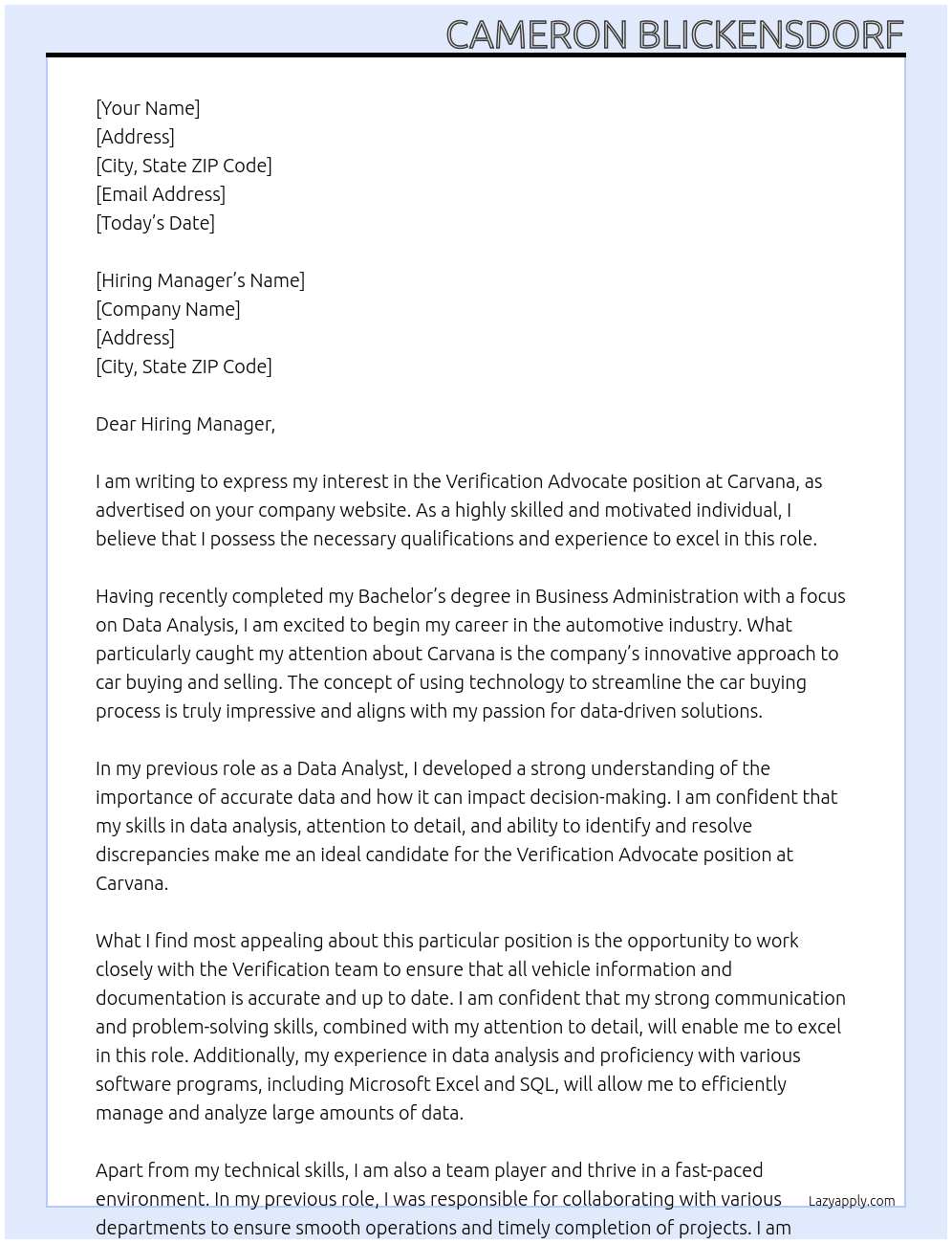 Verification Advocate At Carvana Cover Letter