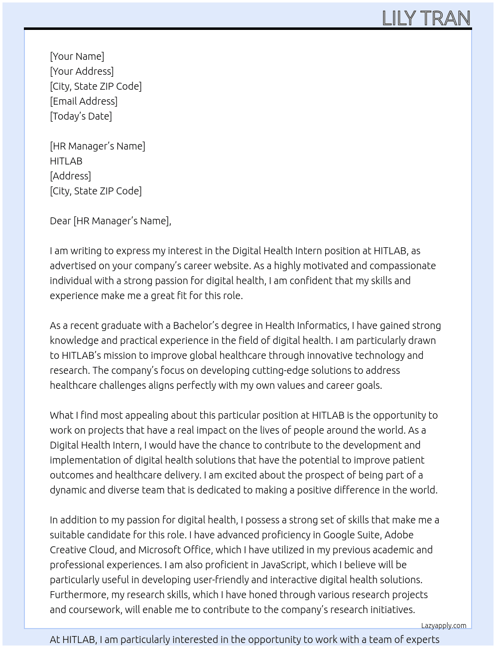 Digital Health Intern At HITLAB Cover Letter