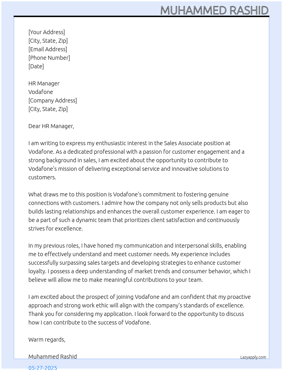 Sales Associate At Vodafone Cover Letter