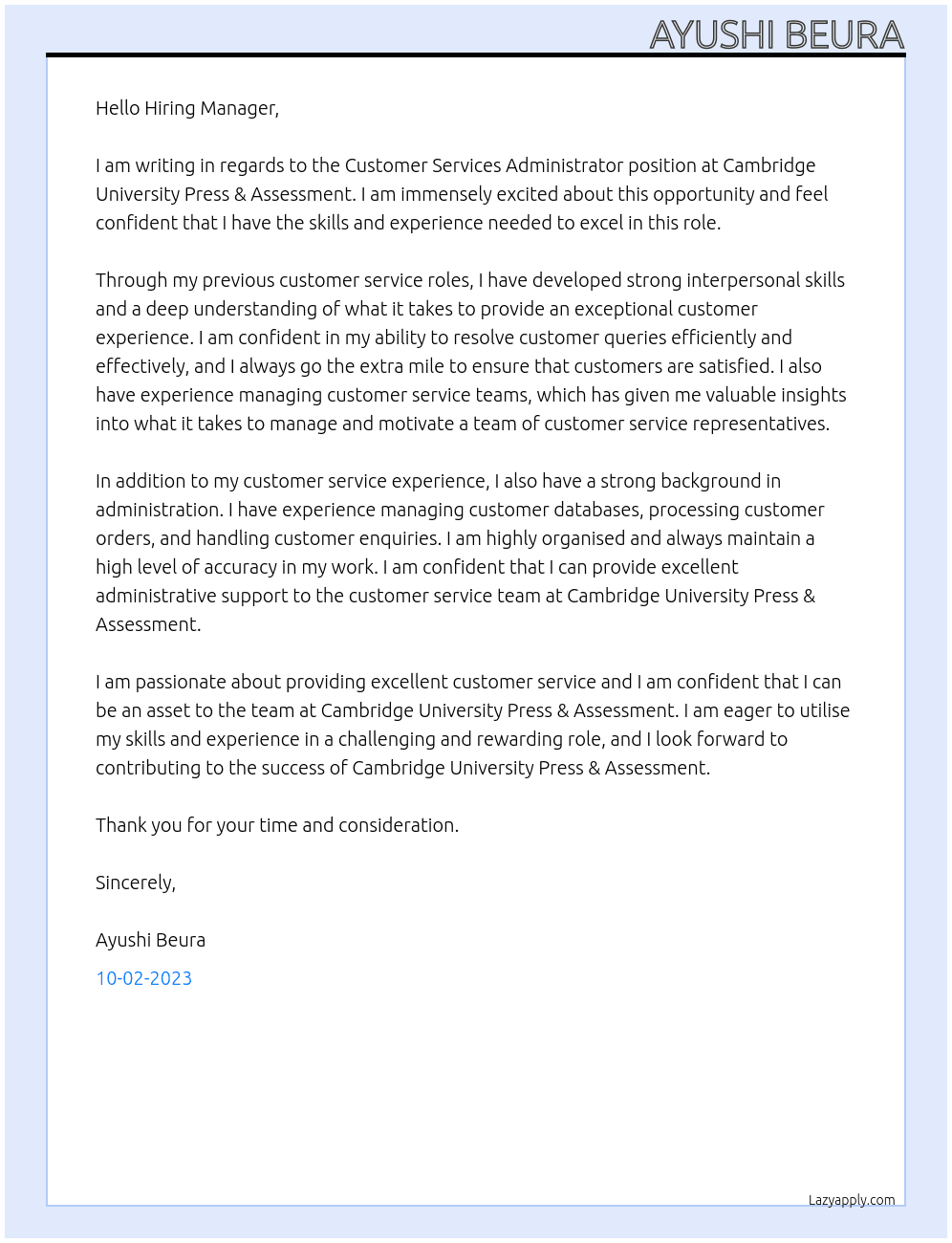 Customer Services Administrator At Cambridge University Press & Assessment Cover Letter