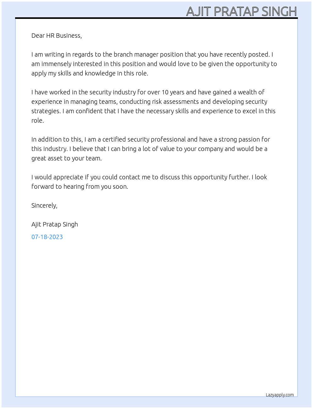 Branch manager  At UNIT SECURITY SERVICES AND ACADEMY PRIVATE LIMITED Cover Letter