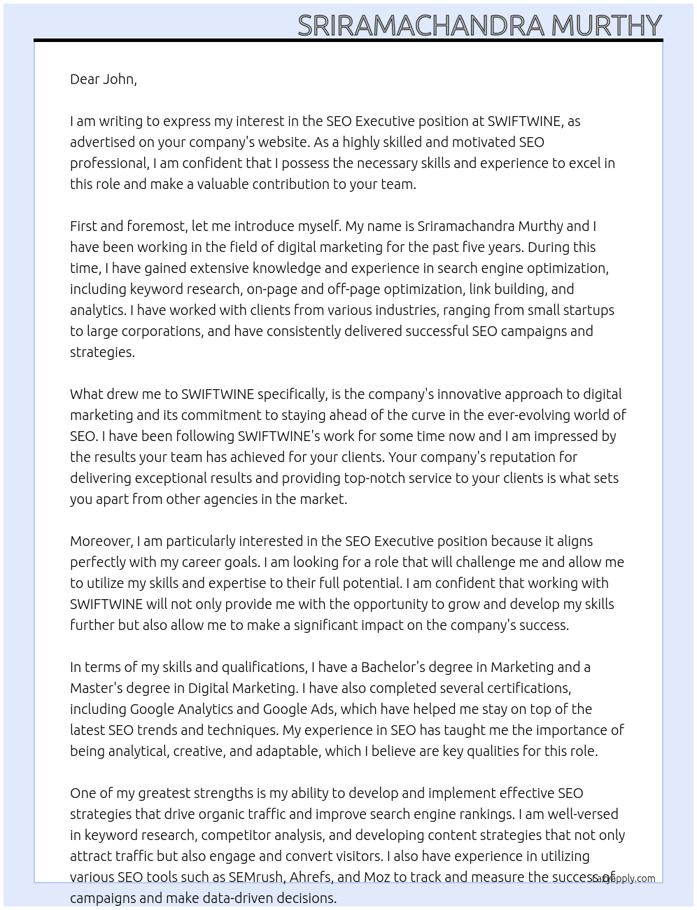 seo executive At SWIFTWINE Cover Letter