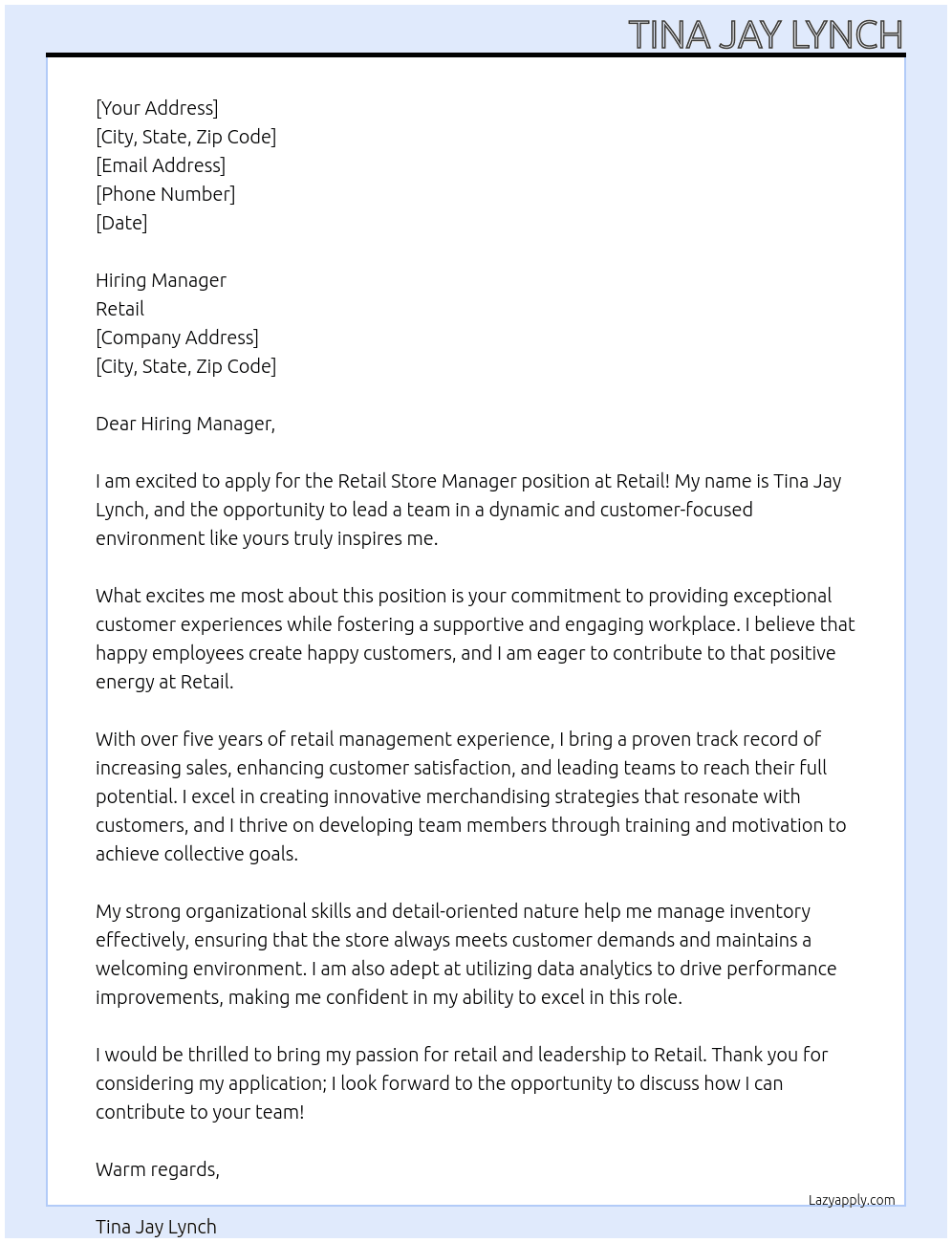 Retail store manager  At Retail  Cover Letter