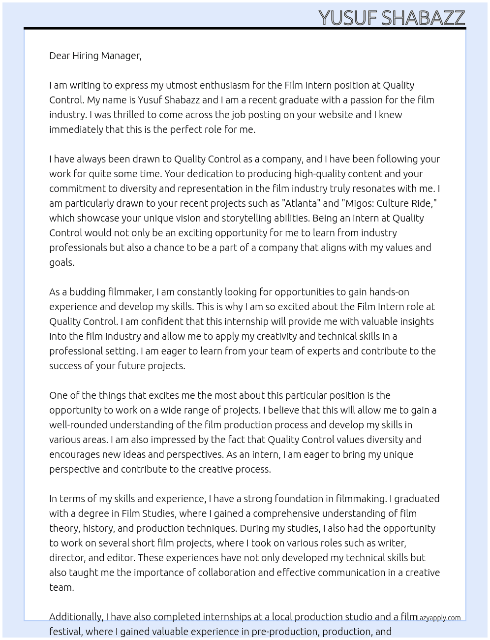 Film Intern At Quality control  Cover Letter