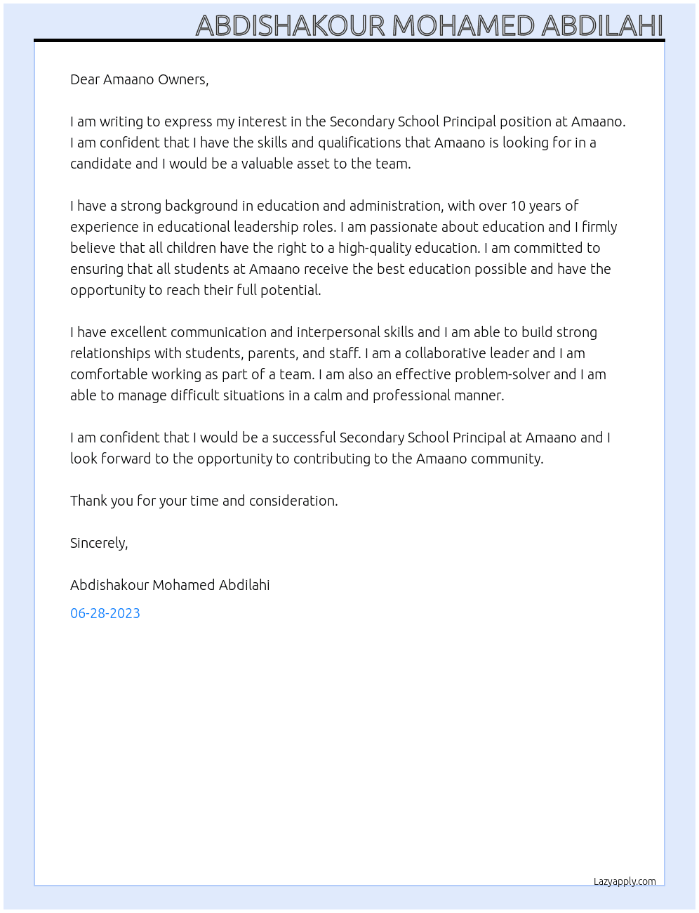 Secondary school principal At Amaano Cover Letter