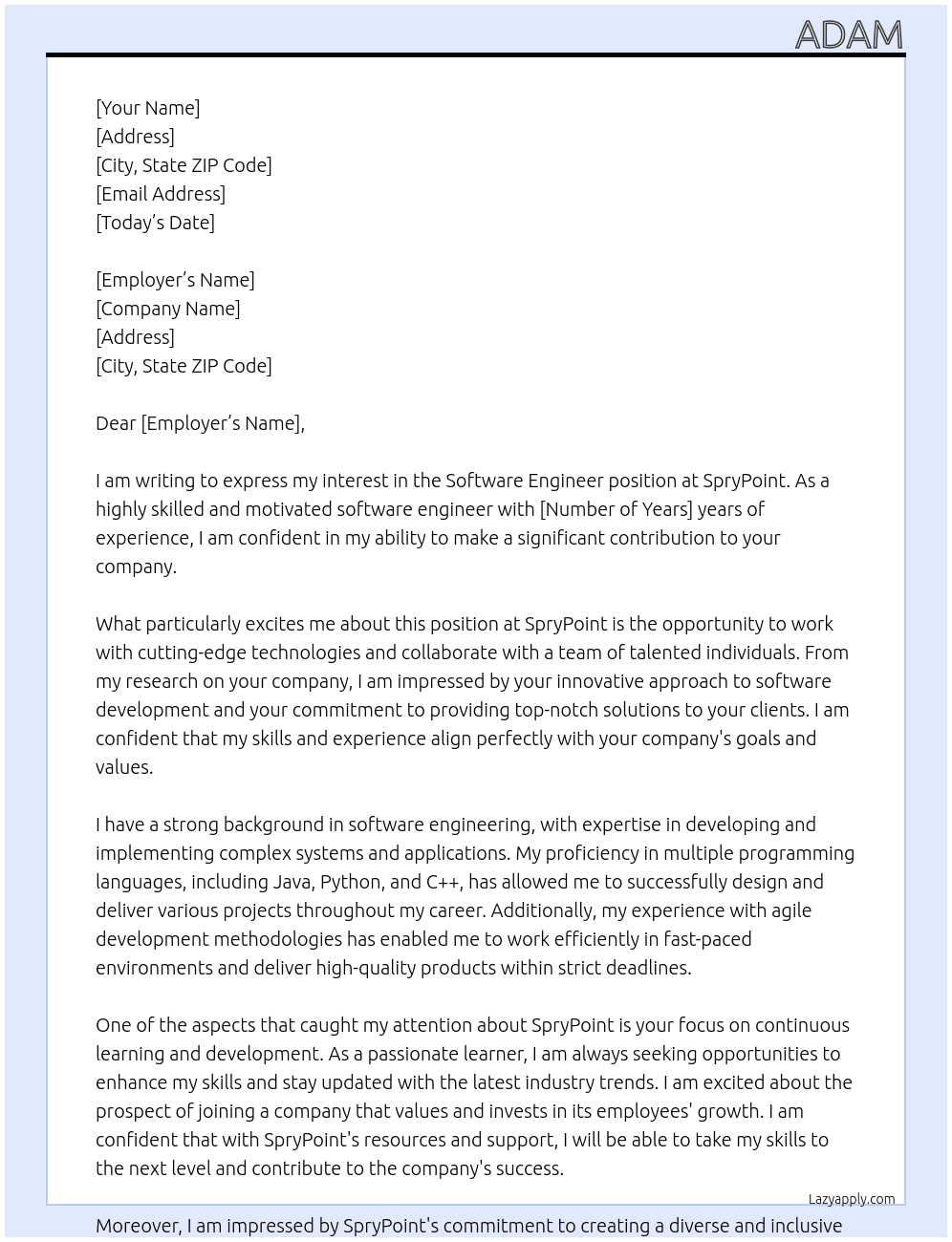 Software Engineer At SpryPoint Cover Letter