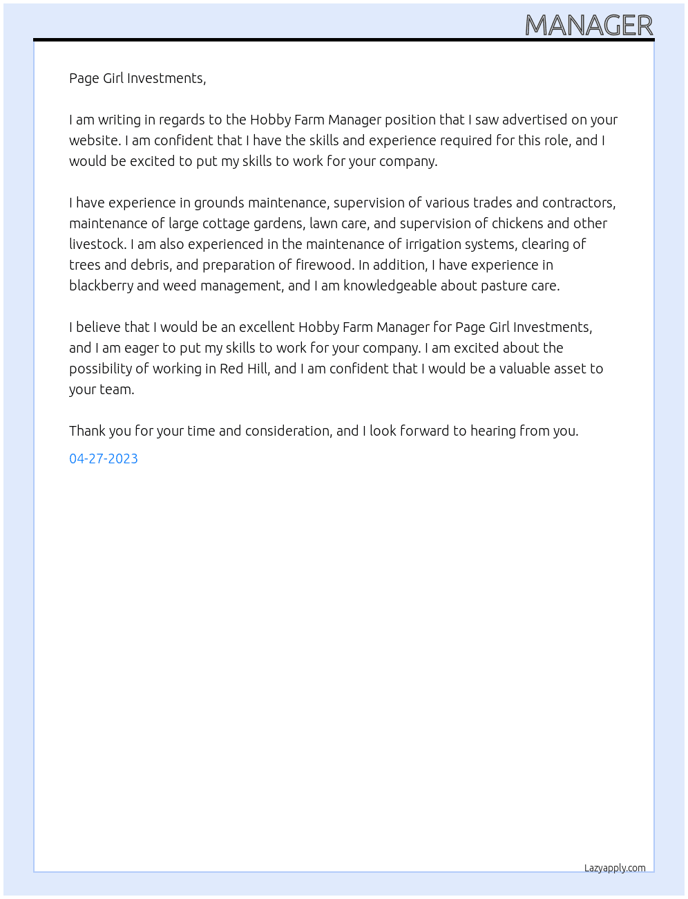 Hobby Farm Ma At Page Girl Investments Cover Letter