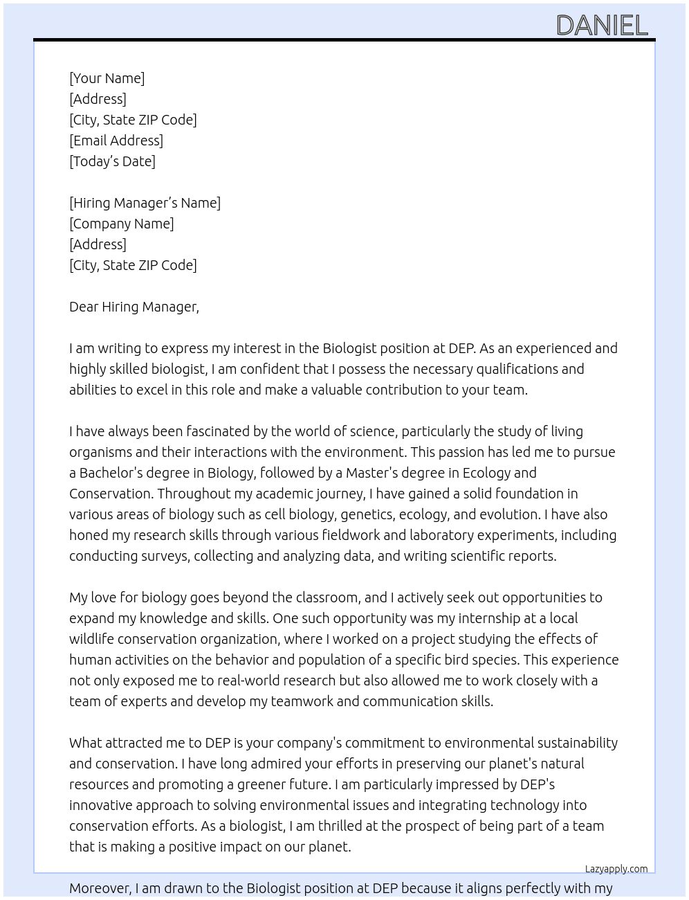 Biologist At DEP Cover Letter