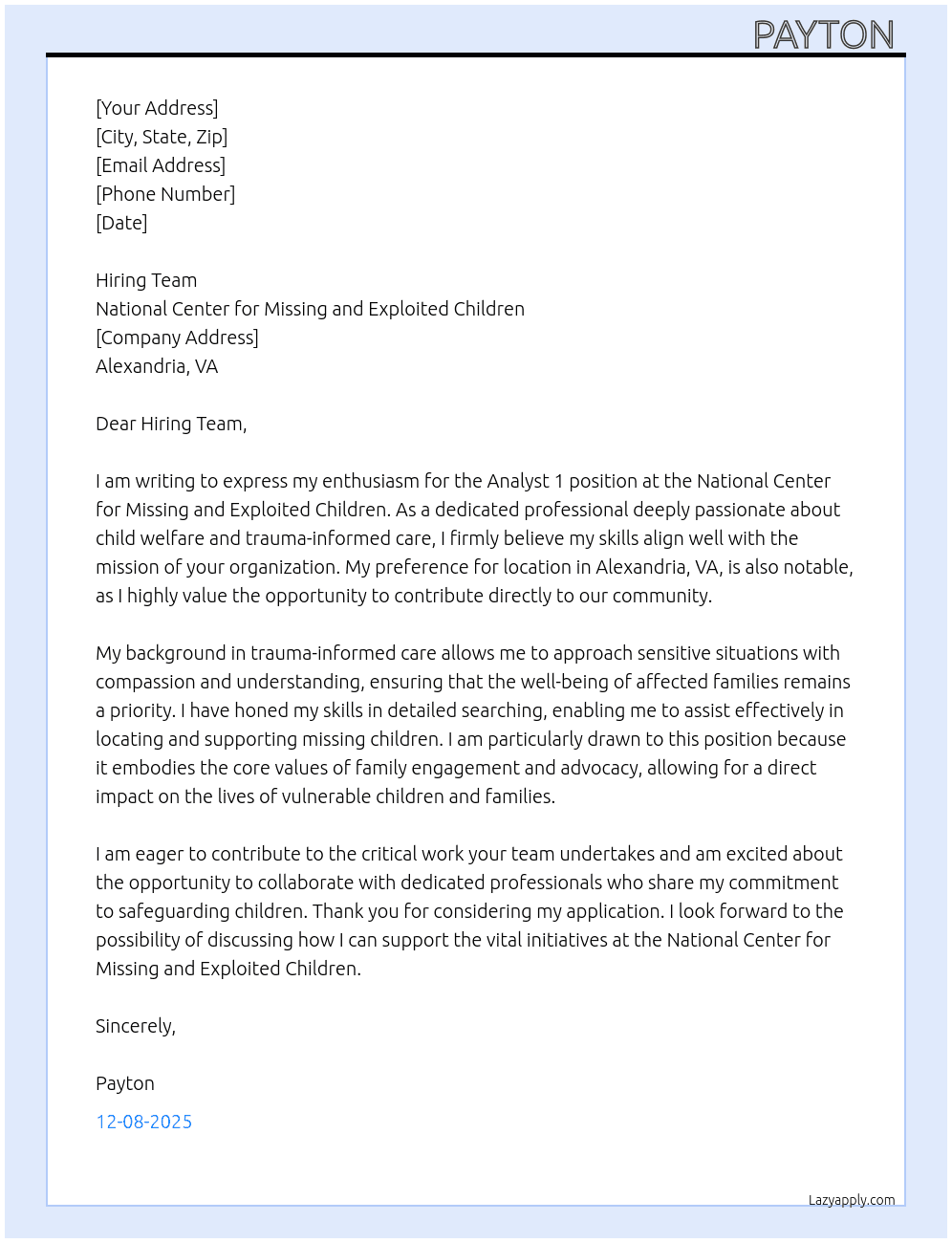 Analyst 1 At National Center for Missing and Exploited Children Cover Letter