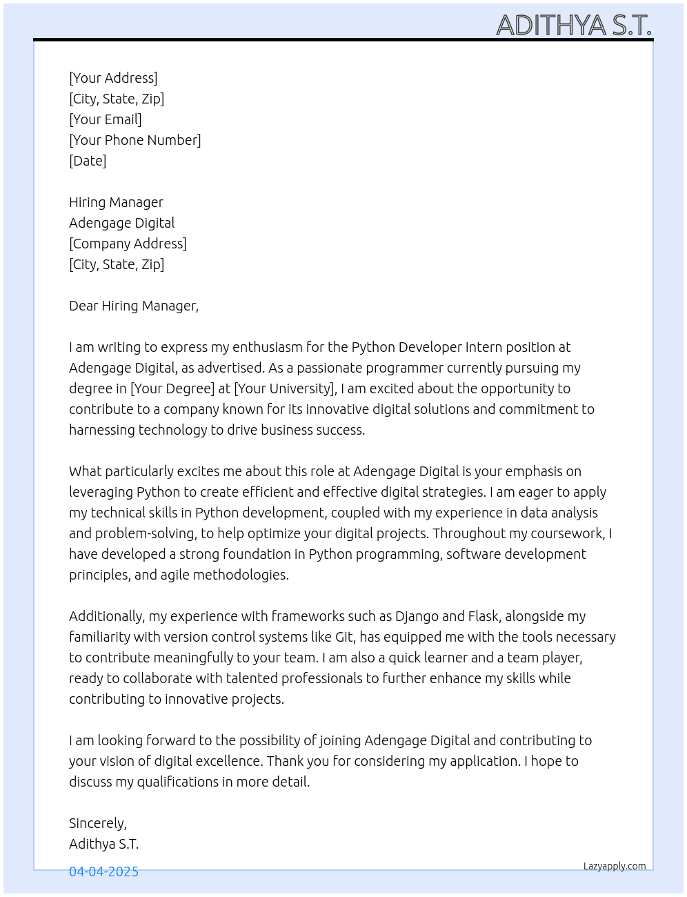 Python Developer Intern At Adengage Digital  Cover Letter