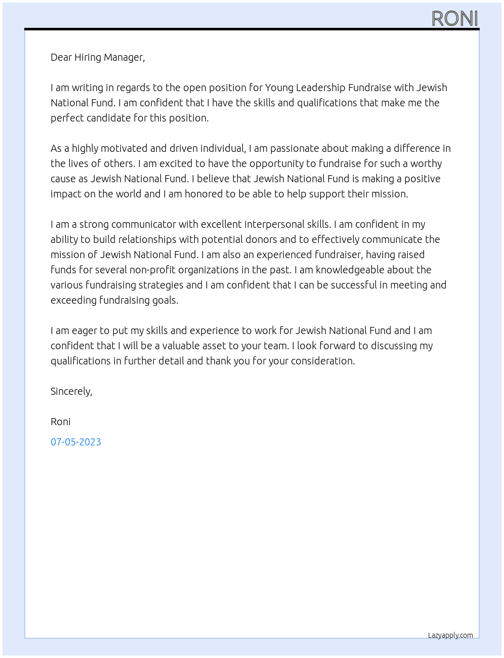 Young Leadership Fundraise At Jewish National Fund- Cover Letter