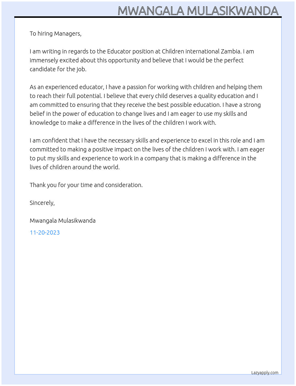 Educator At Children international Zambia Cover Letter