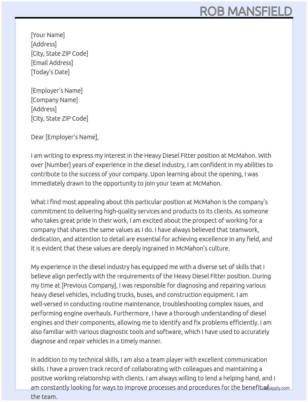 Heavy diesel fitter At Mcmahon Cover Letter