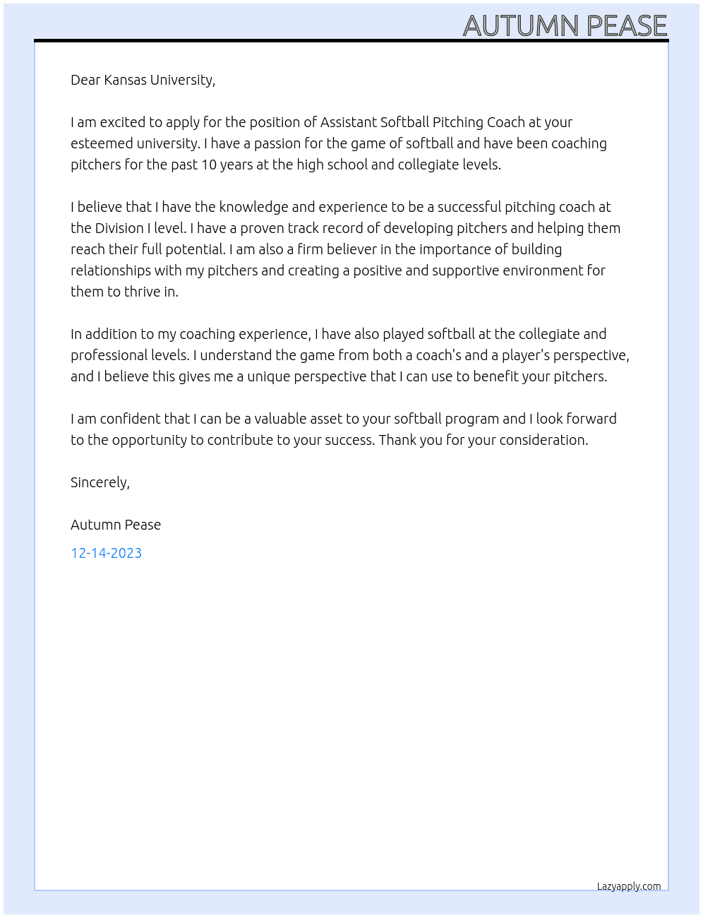 Assistant Softball Pitching Coach At Kansas University Cover Letter