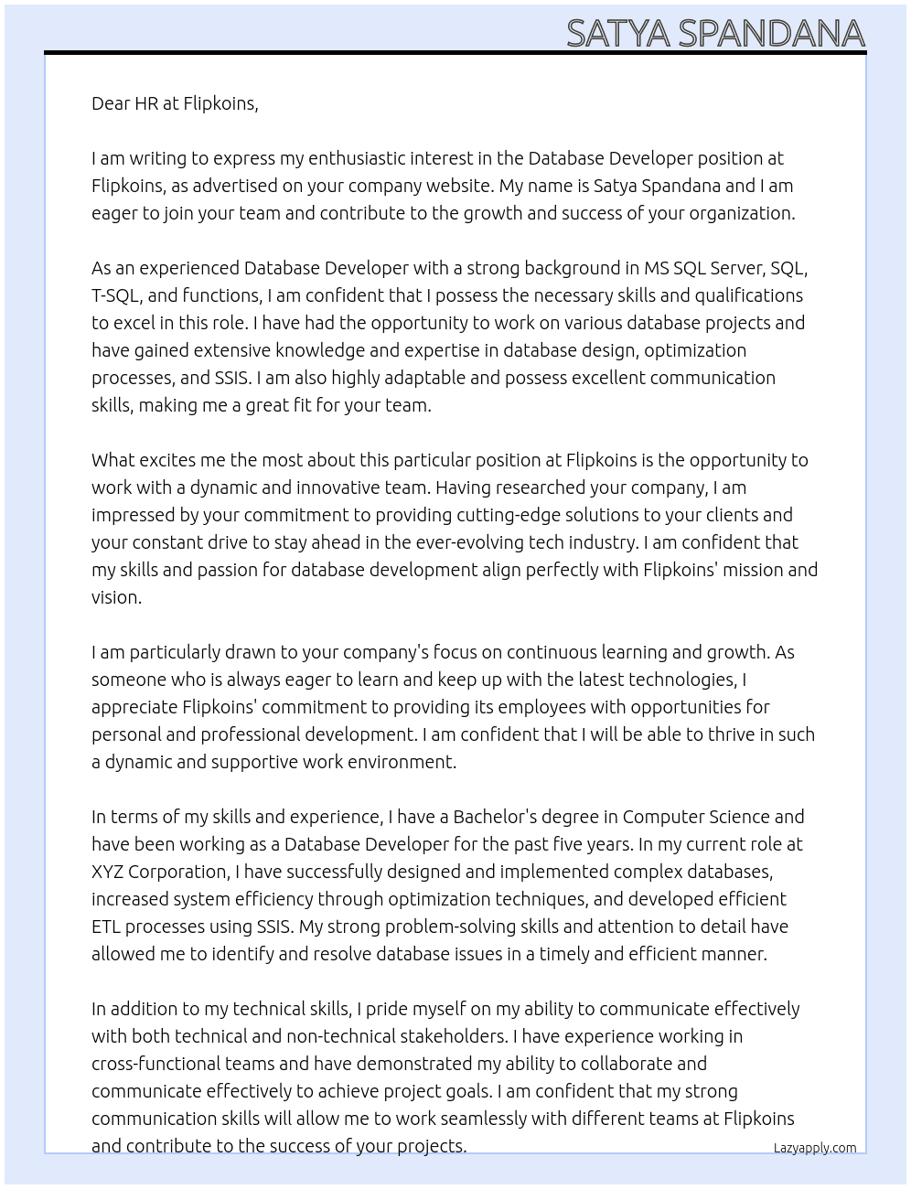 Database Developer At flipkoins Cover Letter