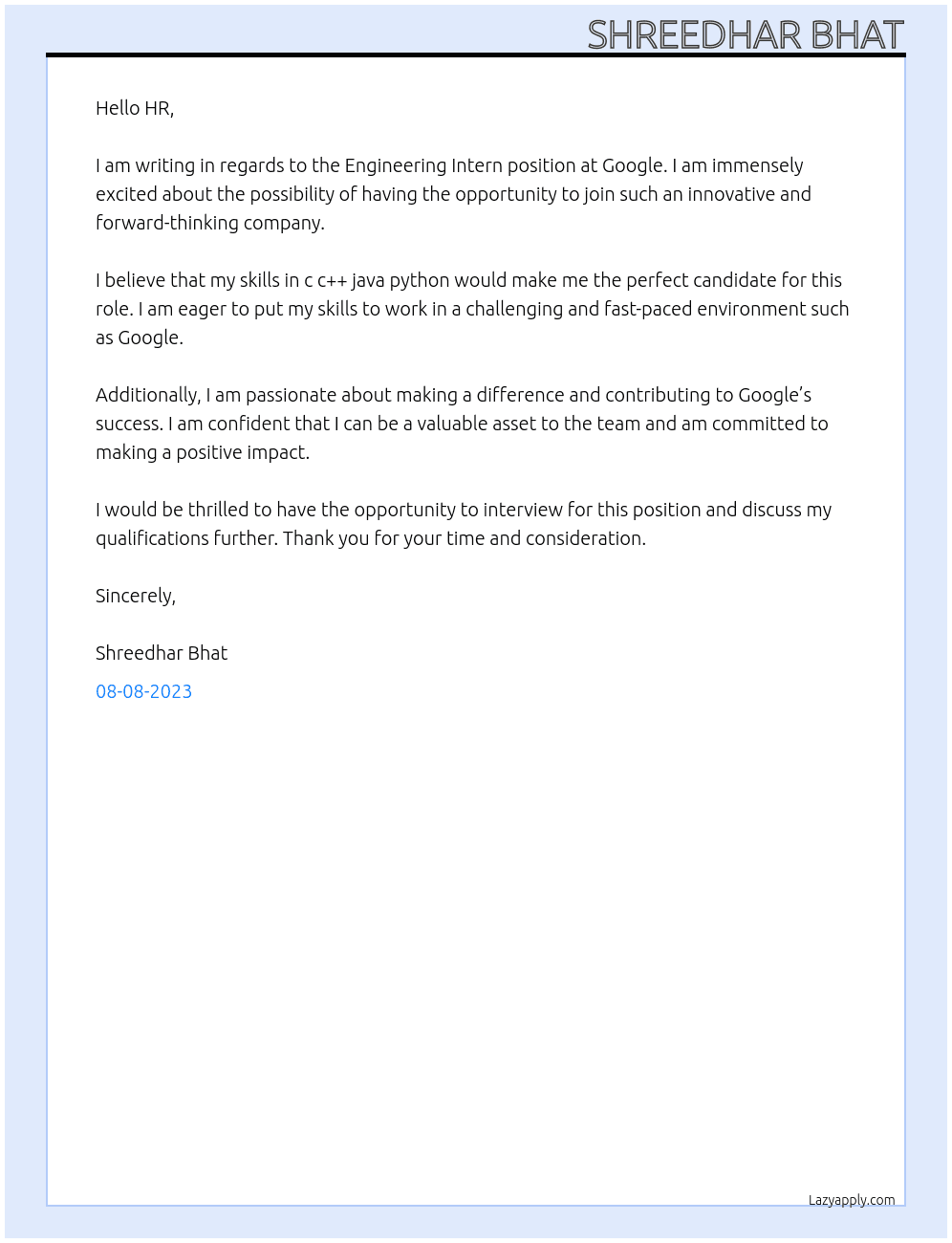 Engineering Intern At google Cover Letter