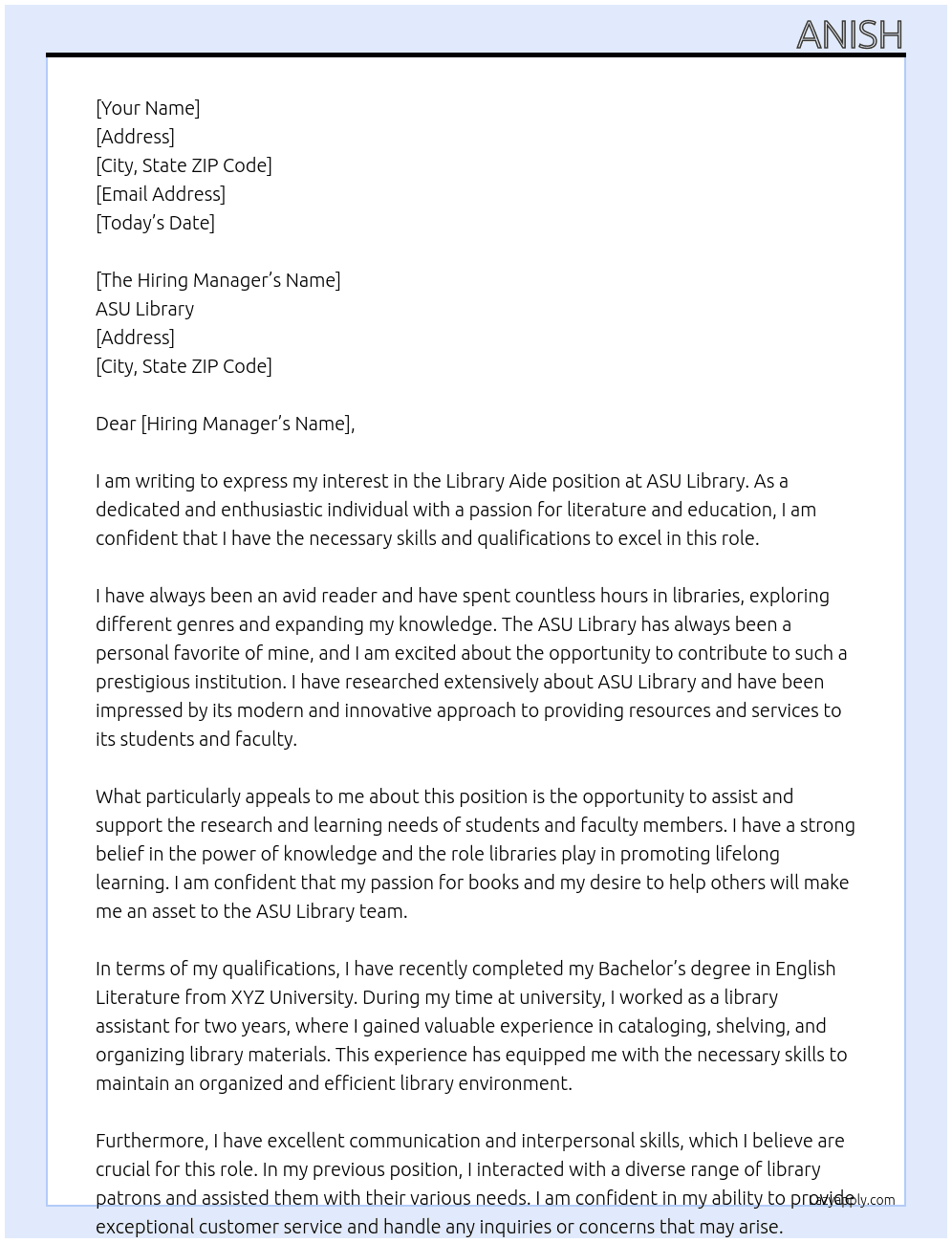 Library Aide At ASU Library Cover Letter