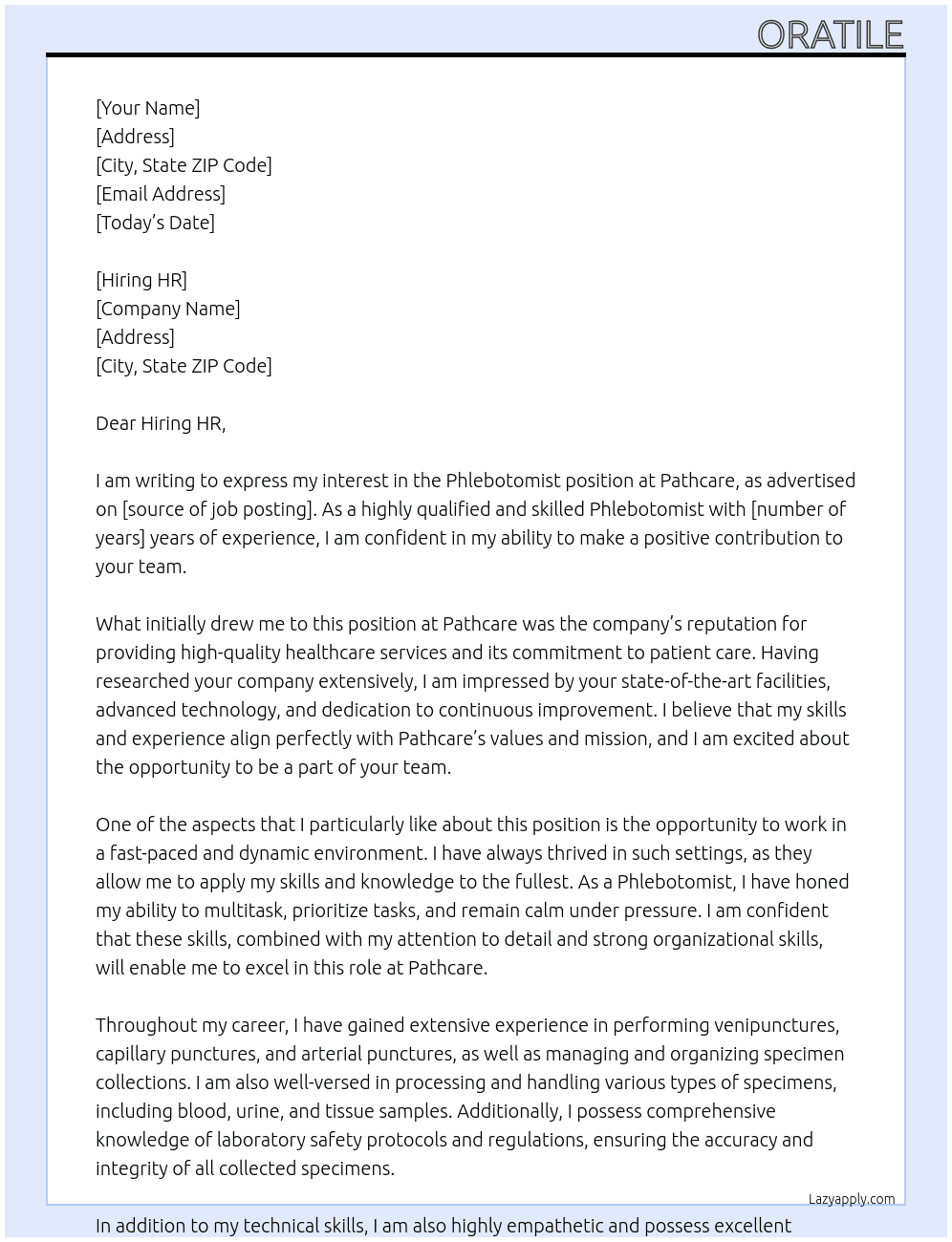 Phlebotomist At Pathcare Cover Letter