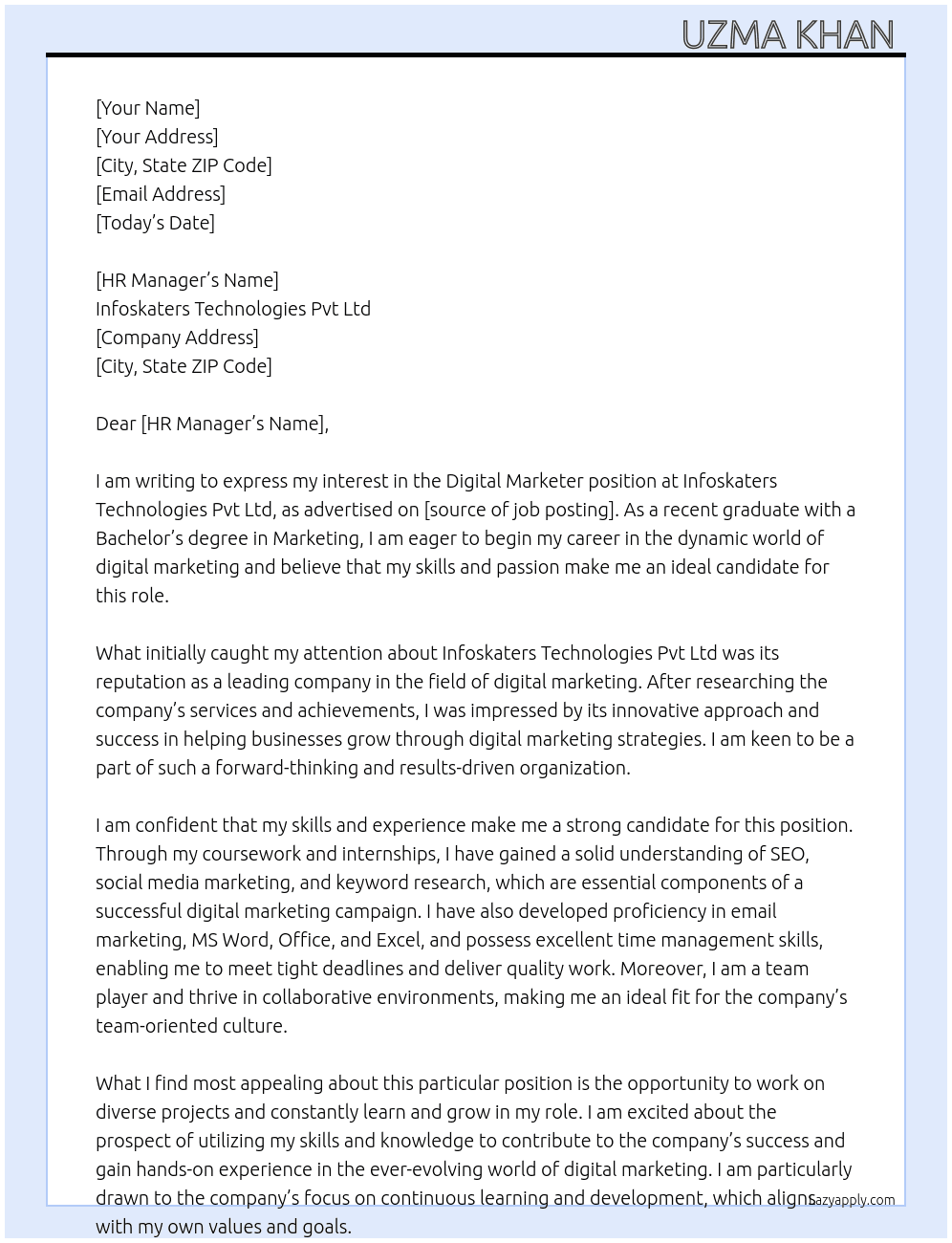 Digital Marketer At Infoskaters Technologies Pvt Ltd Cover Letter