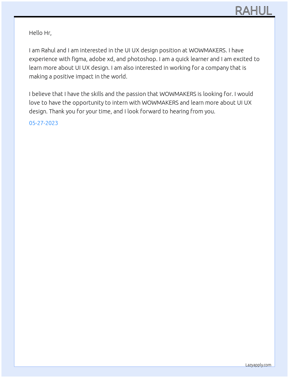 UI UX design At WOWMAKERS Cover Letter