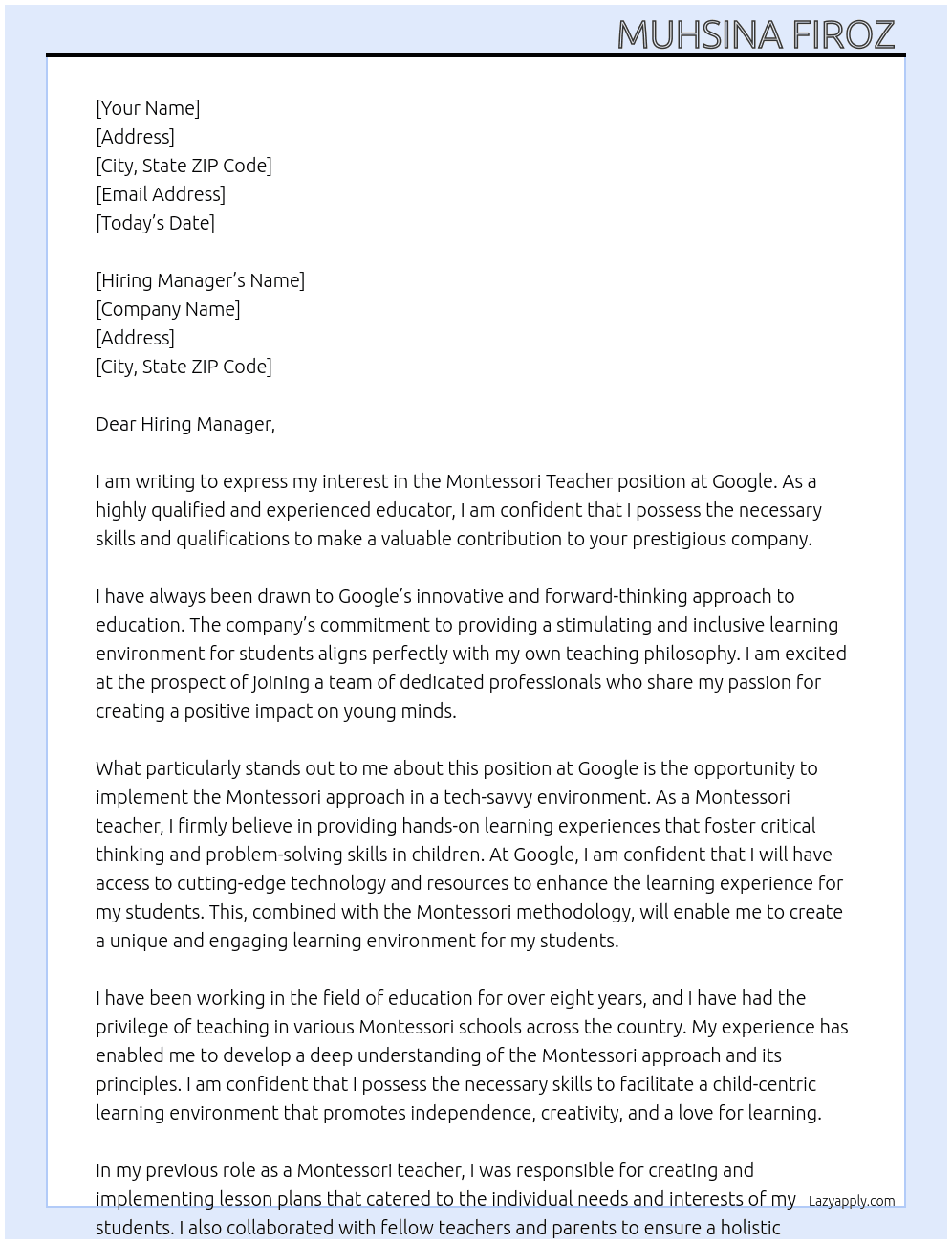 Cover letter for montessori teacher - LazyApply