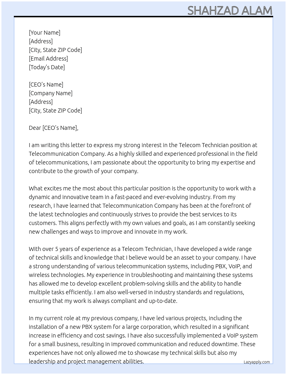 Telecom technician At Telecommunication company  Cover Letter