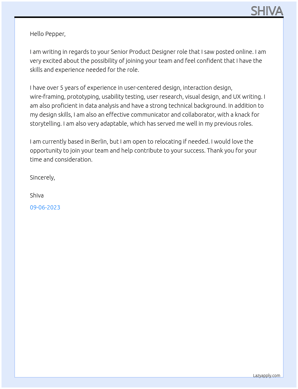 Senior Product Designer At Pepper Cover Letter