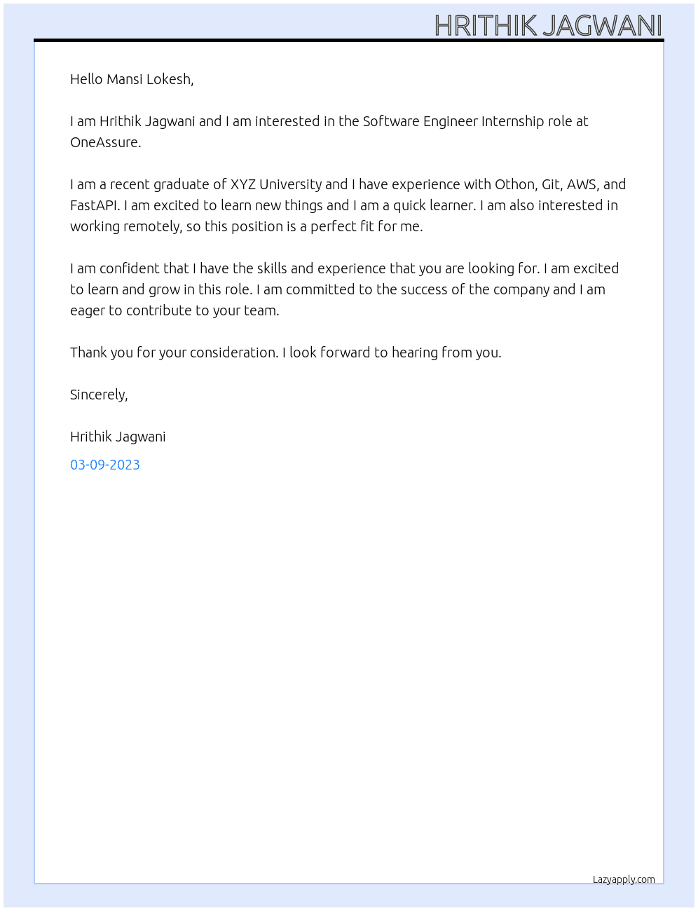 Software Engineer At OneAssure Cover Letter