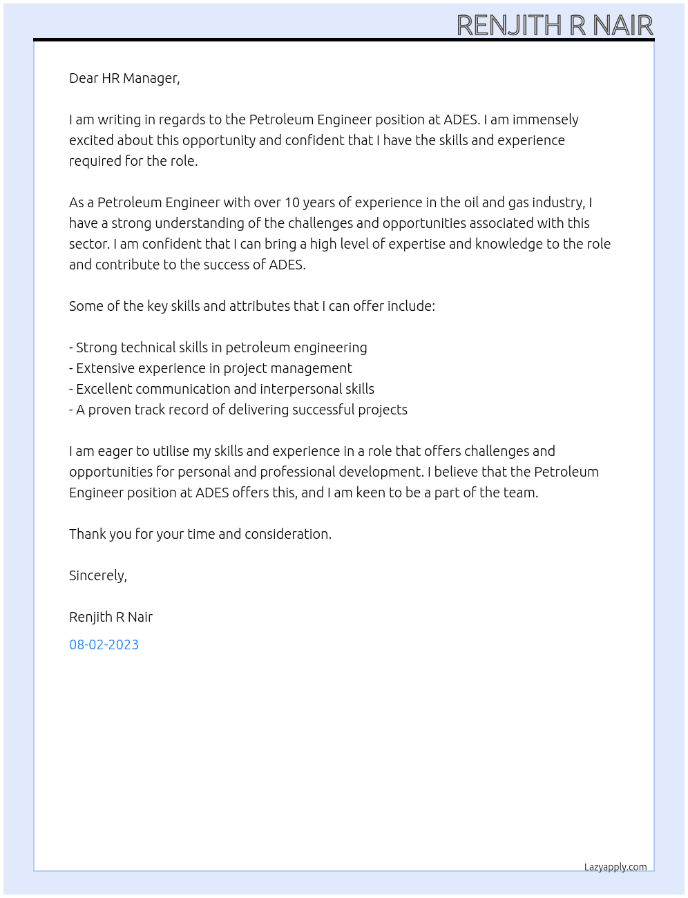 Petroleum Engineer  At ADES Cover Letter