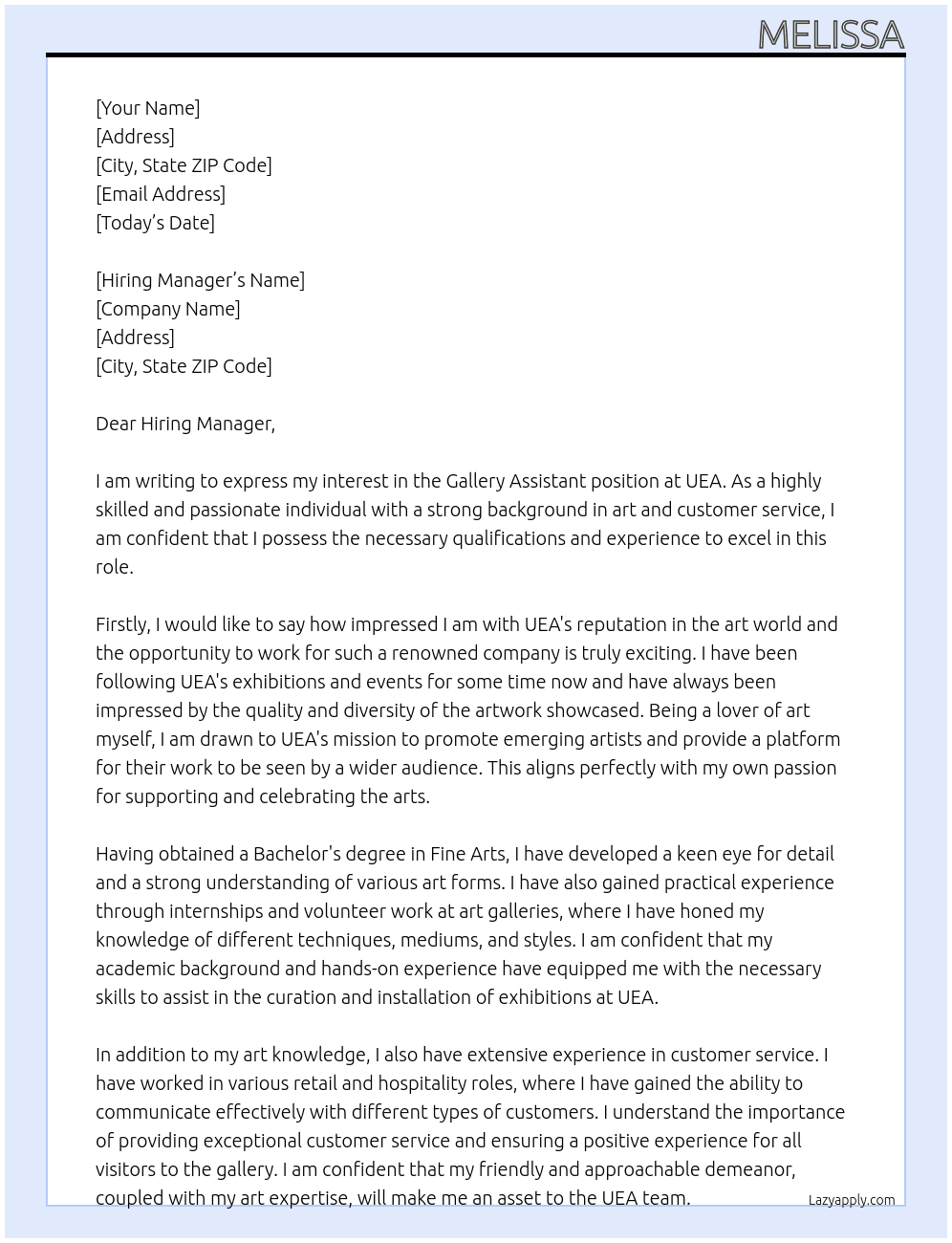Gallery Assistant At UEA Cover Letter