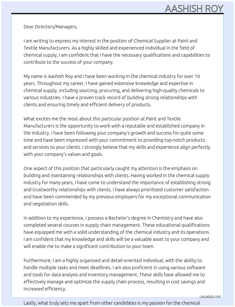 Chemical Suppliers At Paint and Textile Manufacturers  Cover Letter