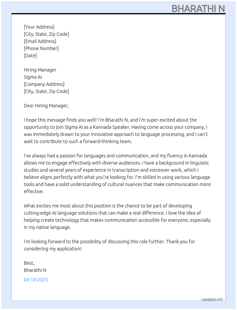 Cover letter for kannda speakers - LazyApply
