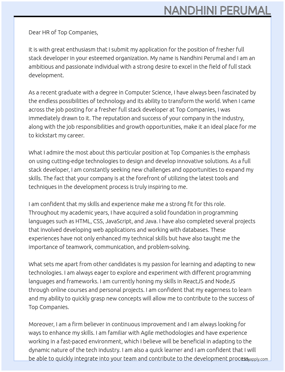  fresher full stack developer At top companies  Cover Letter