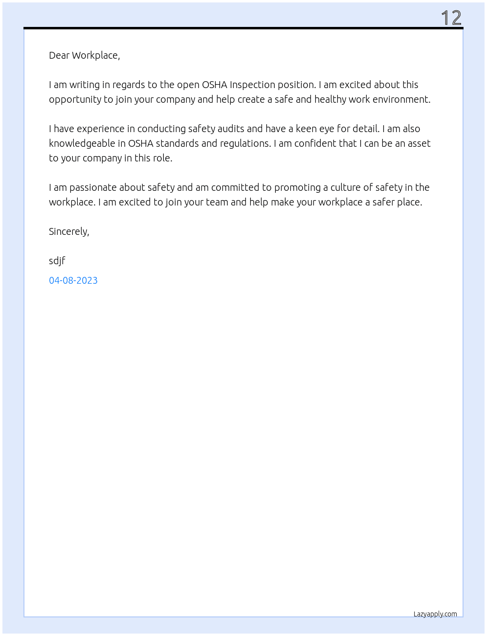 OSHA Inspection At Workplace Cover Letter
