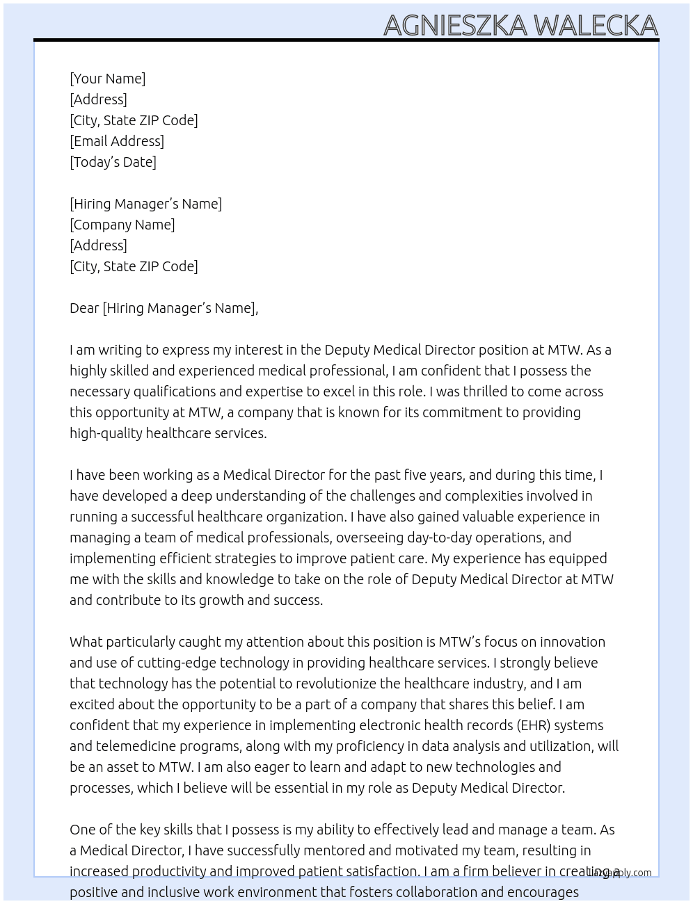 Deputy Medical Director At MTW Cover Letter
