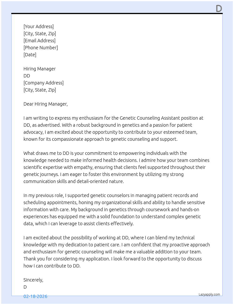 genetic counseling assistant At DD Cover Letter