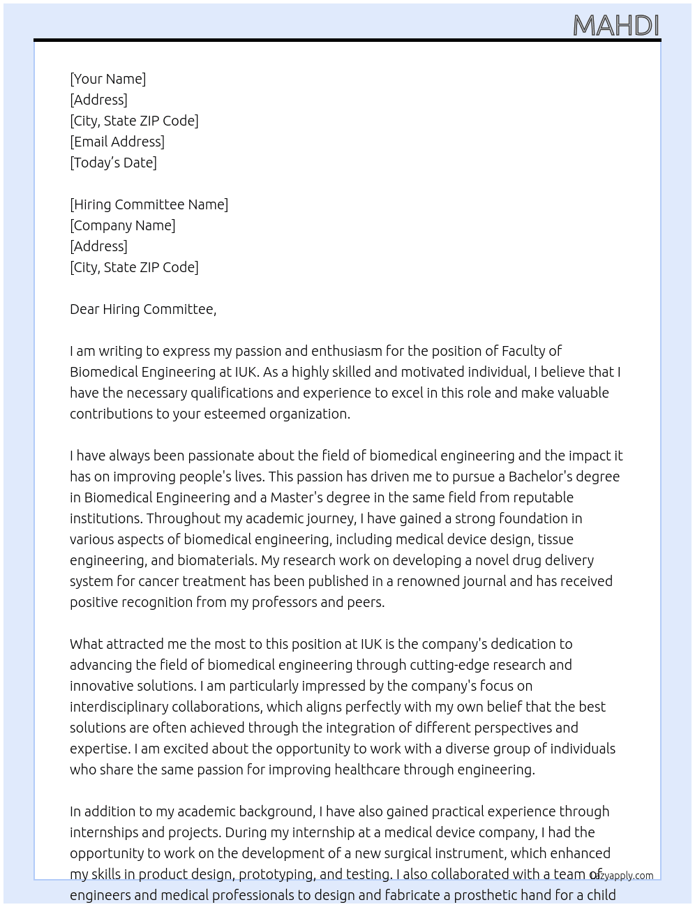 Faculty of Biomedical Engineering At IUK Cover Letter