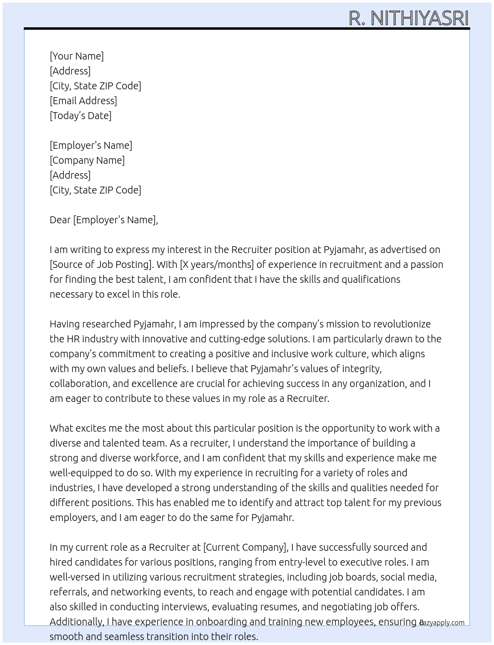 Recuiter At Pyjamahr Cover Letter