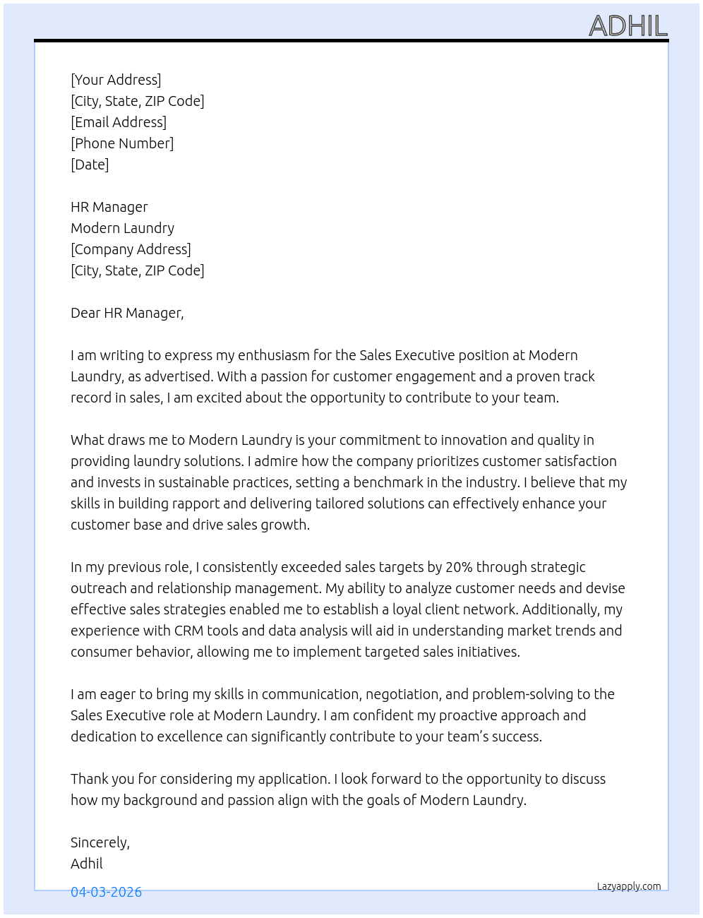 Sales Executive  At Modern Laundry  Cover Letter