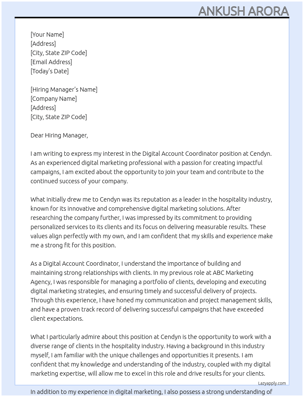 Digital Account Coordinator At Cendyn Cover Letter
